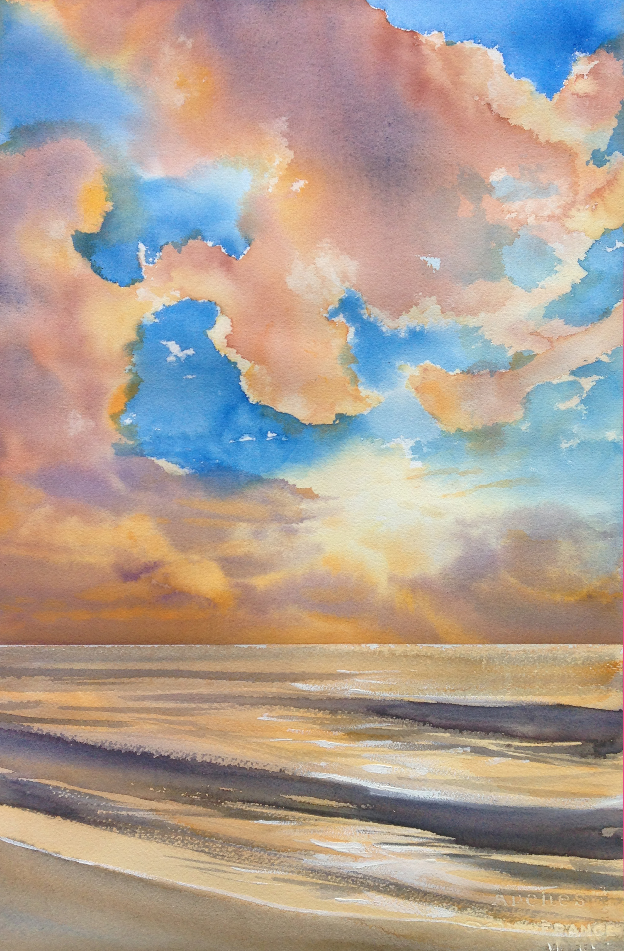 the clouds in this one were particularly difficult, because orange and blue are compliments. they don't like to play with each other. I'm also using white for the glare- it seems like the only way to functionally let the washes play freely, and then carve out the whitecaps.