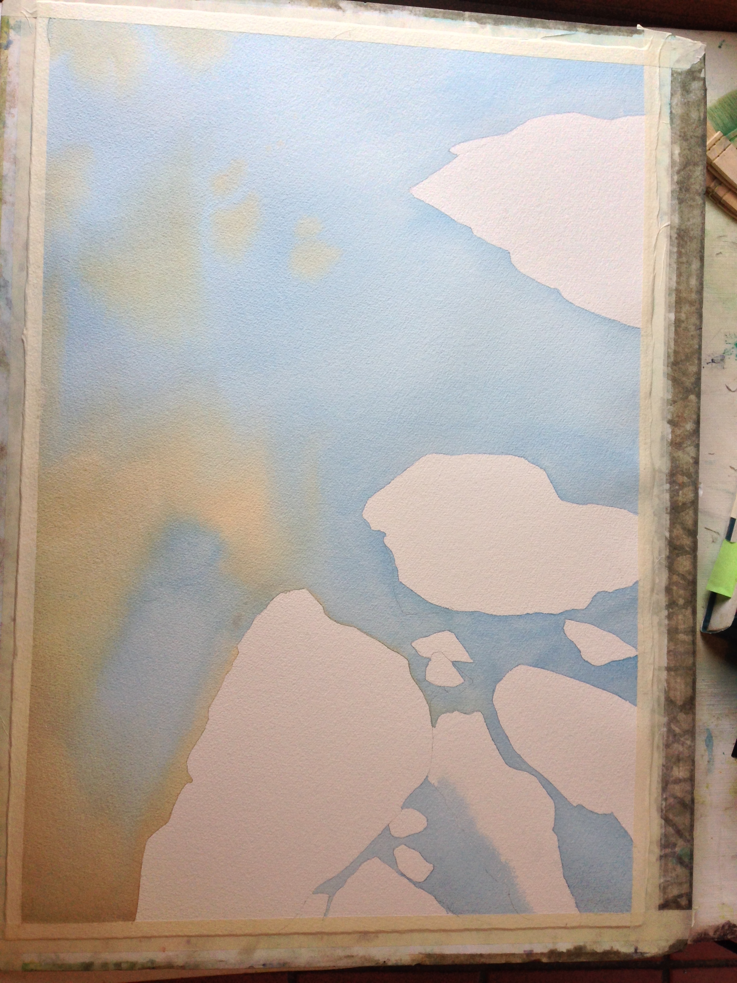 step 1- the water with pthalo blue and a muted yellow ochre mix (yellow ochre, ultramarine blue, and burnt sienna), wet into wet.