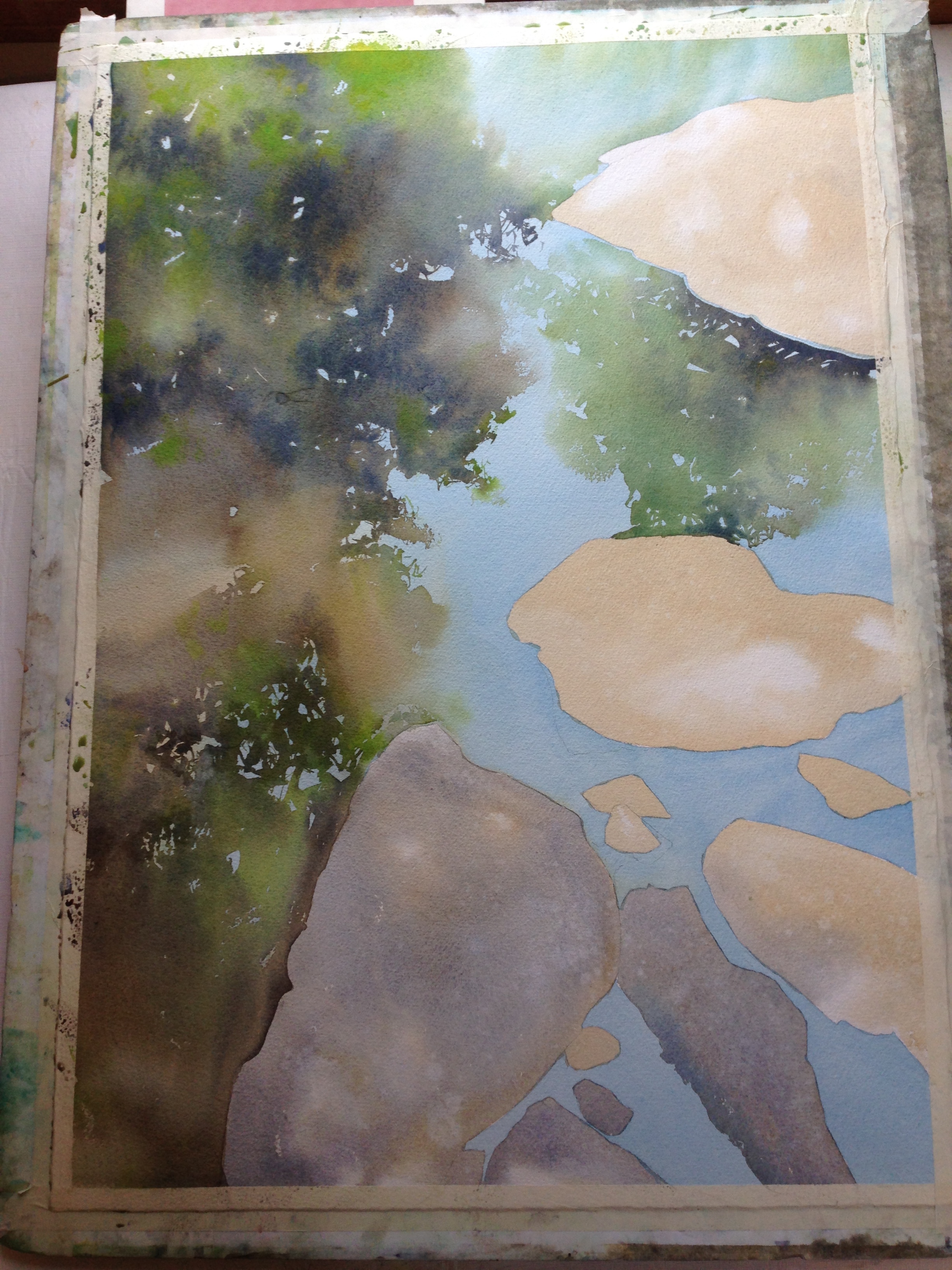 step 3- the tree reflections go in. The paper is dry when I start, so I can control when I get hard and soft edges. 