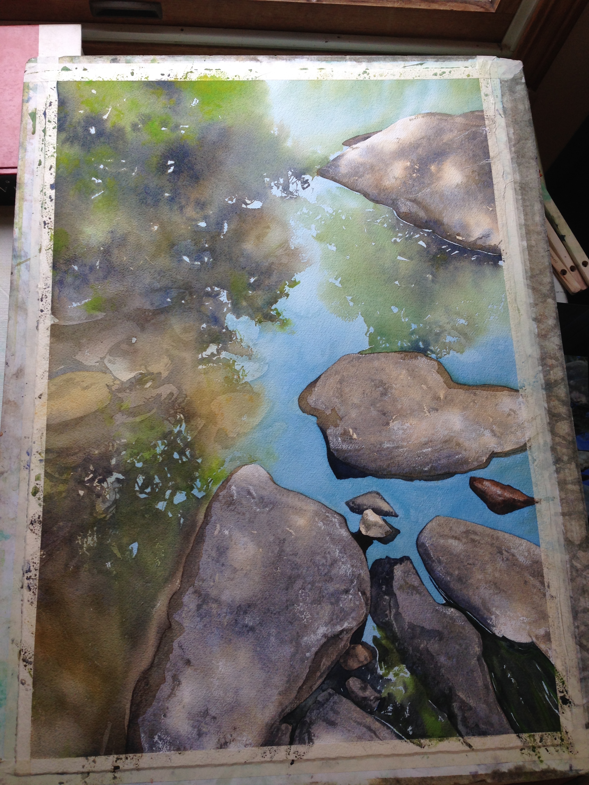 step 6- the rocks under the water go in, very softly in terms of value.