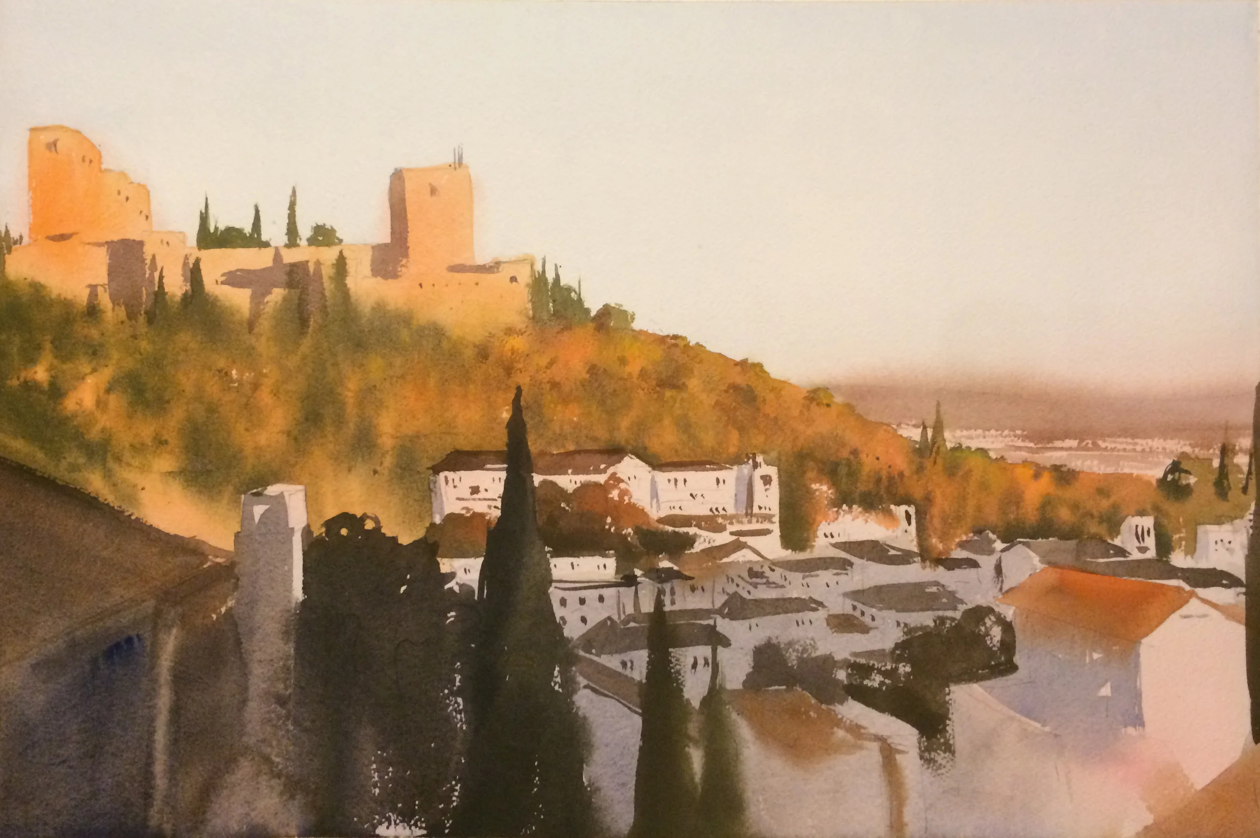 This one had a pale pink wash under much of the painting. the shadows on the alhambra are cooler and have more purple this time.