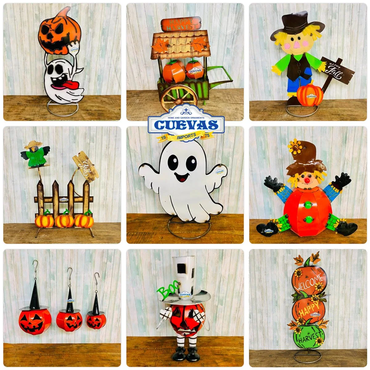Collection of Halloween and fall-themed yard decorations and signs, including pumpkins, ghosts, scarecrows, witches, and autumn leaves.