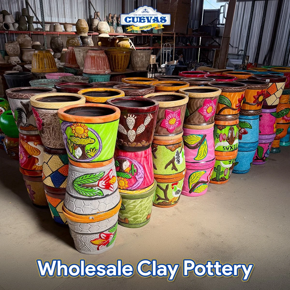 Colorful hand-painted clay pots arranged in rows at a wholesale pottery store.