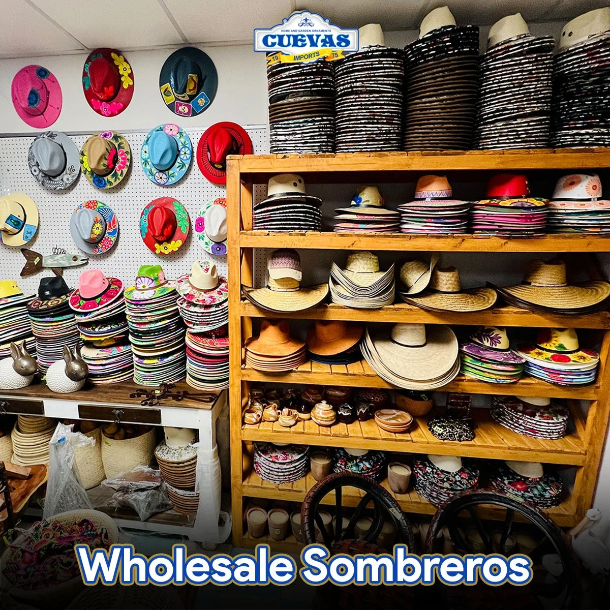 Display of wholesale sombreros and hats in a store, with colorful hats on a pegboard wall and on wooden shelves.