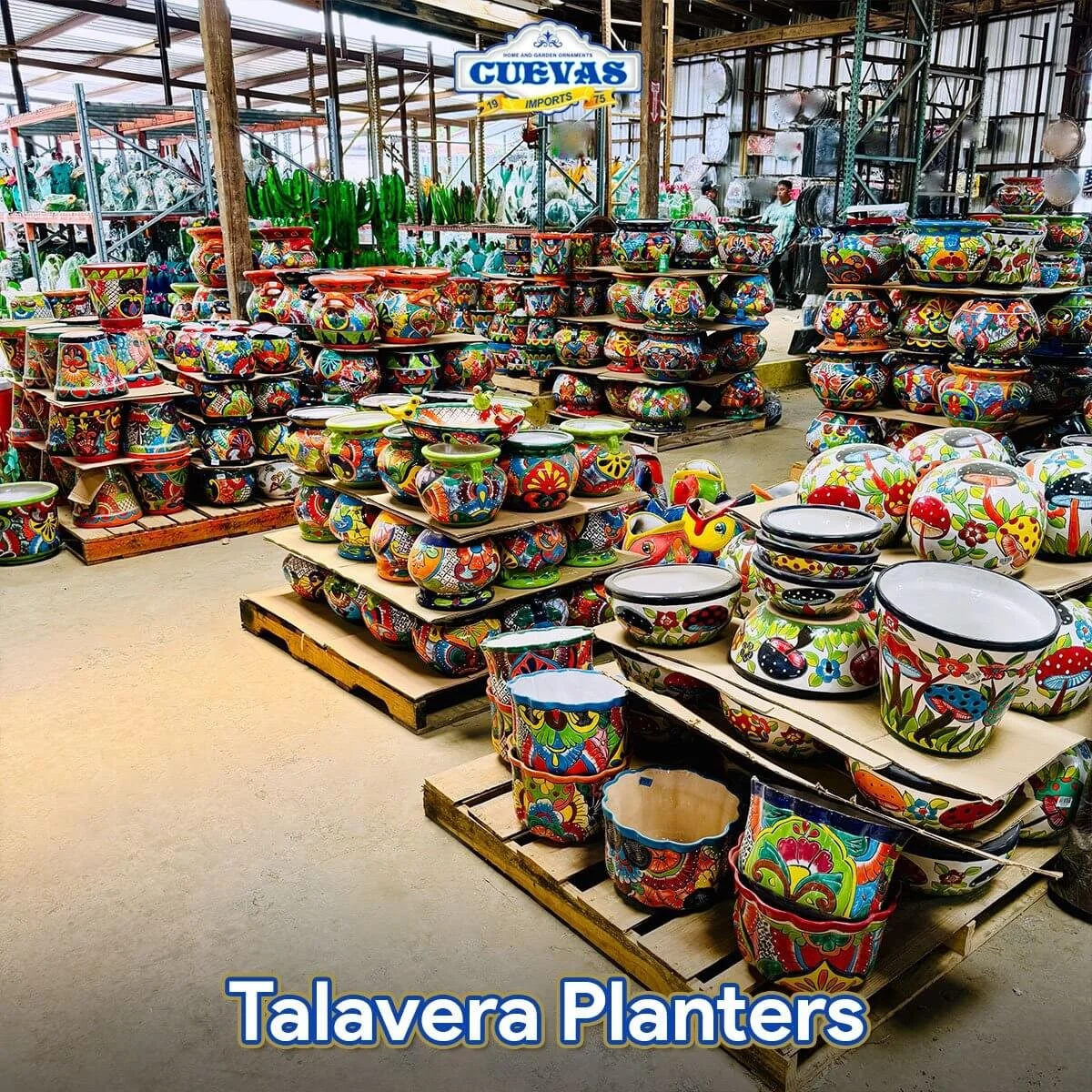 Colorful Talavera planters and pots displayed on pallets and tables at an outdoor market under a metal roof, with a sign reading 'CUEVAS.'