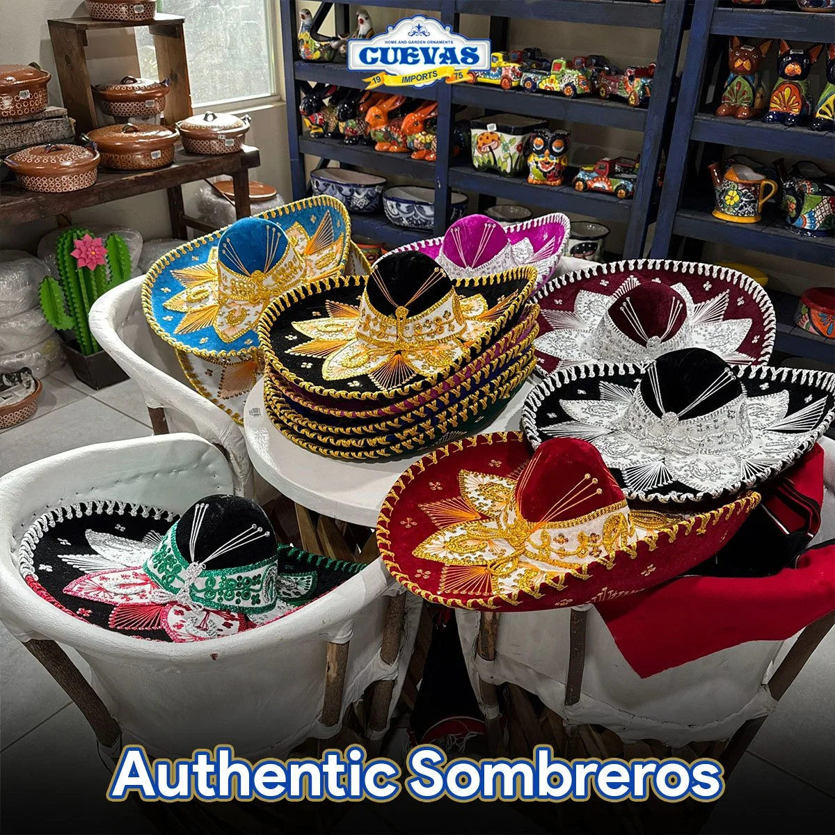 A display of colorful, embroidered Sombreros, traditional Mexican hats with wide brims, placed on white chairs in a store. In the background, shelves hold various ceramic decor and pottery items.