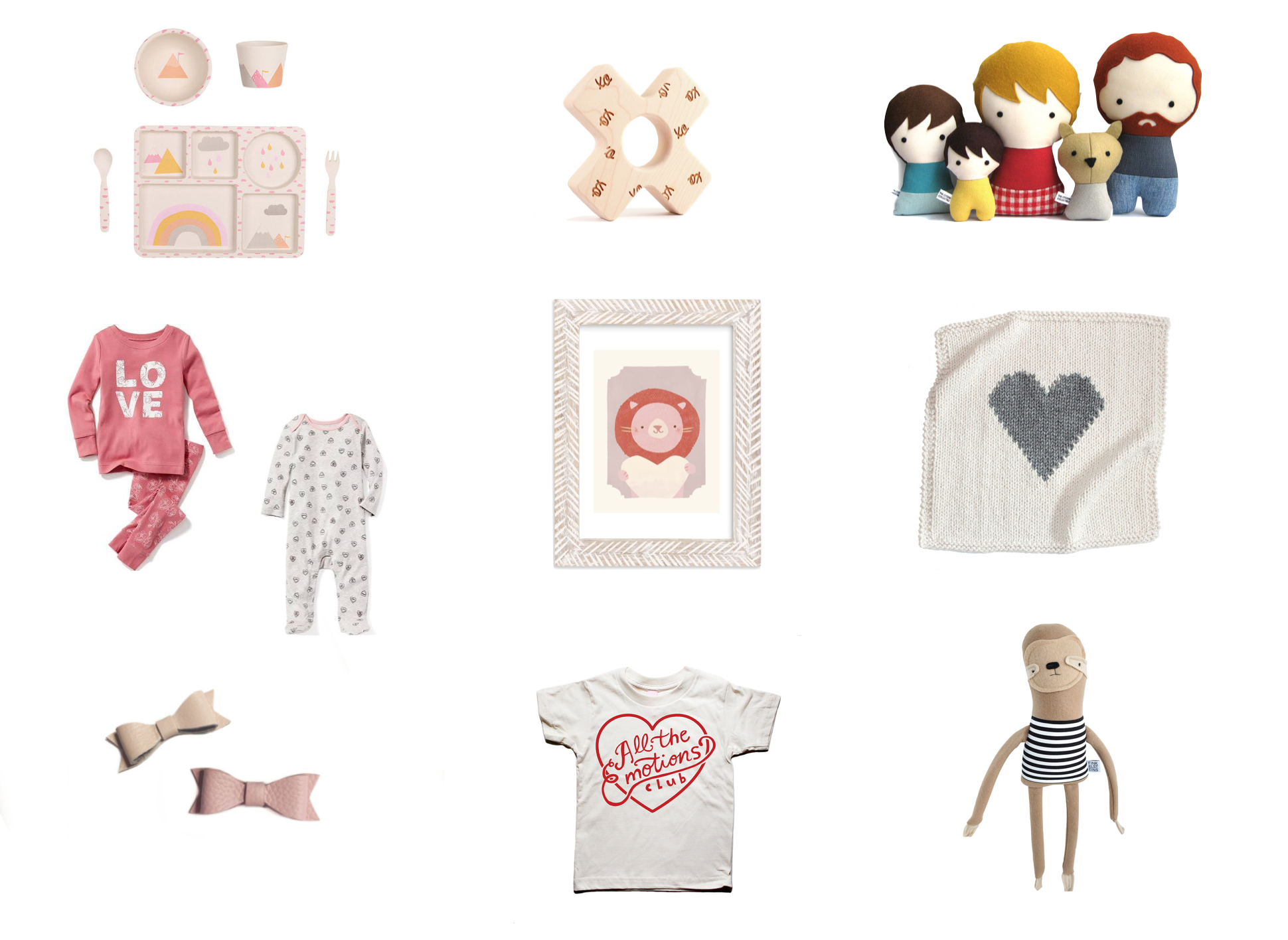Top Row: rainbow bamboo dinnerware , hugs and kisses teething toy , personalized plush family Middle Row: heart pajamas and love pajamas , valentine zoo art print , heart knit blanket Bottom Row: leather bow clips , all the emotions club tee , plush sloth