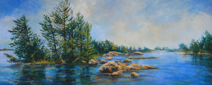 size 36 x 72 acrylic on canvas This is inspired by Stoney Lake in the area of Quarry Bay. private collection