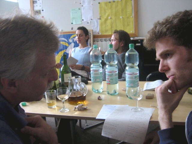   At Mime Centrum in July 2005, chatting with Gennadi Bogdanov,&nbsp;with whom I studied Meyerhold's Biomechanics annually from 2000 to 2005.  