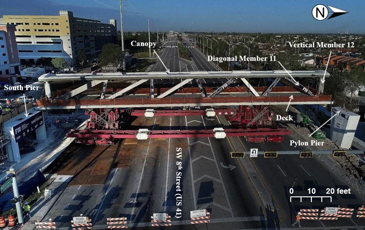 Main span being moved on March 10, 2018, prior to placement on the south pier and north pylon pier, looking to the west, labels added by the NTSB.