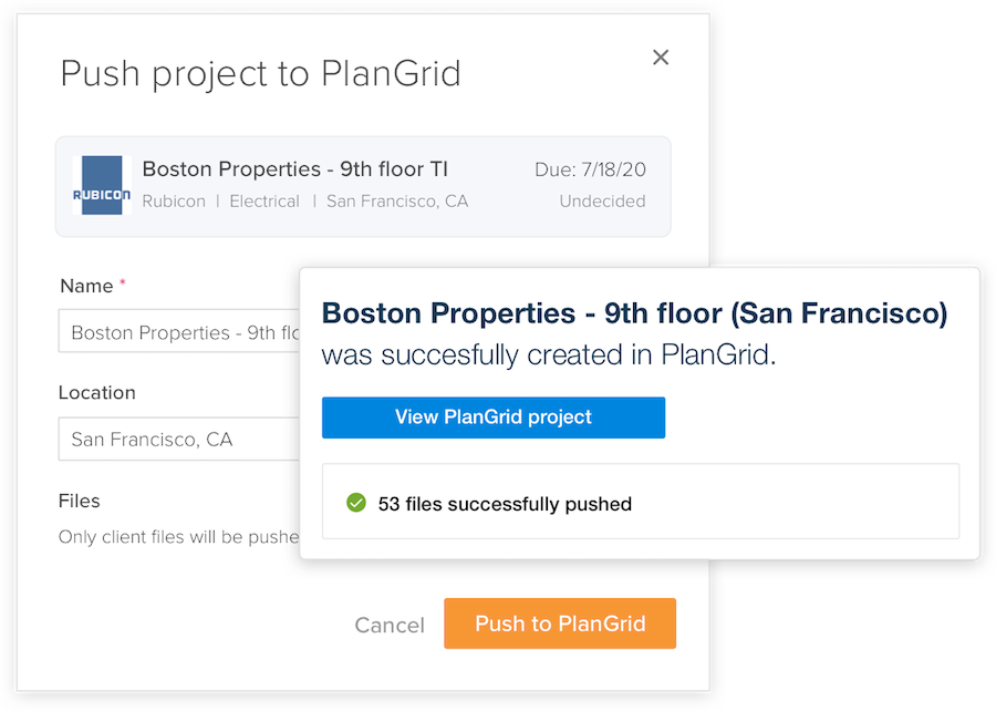Screenshot of BuildingConnected’s “Push to PlanGrid” feature (via PlanGrid)