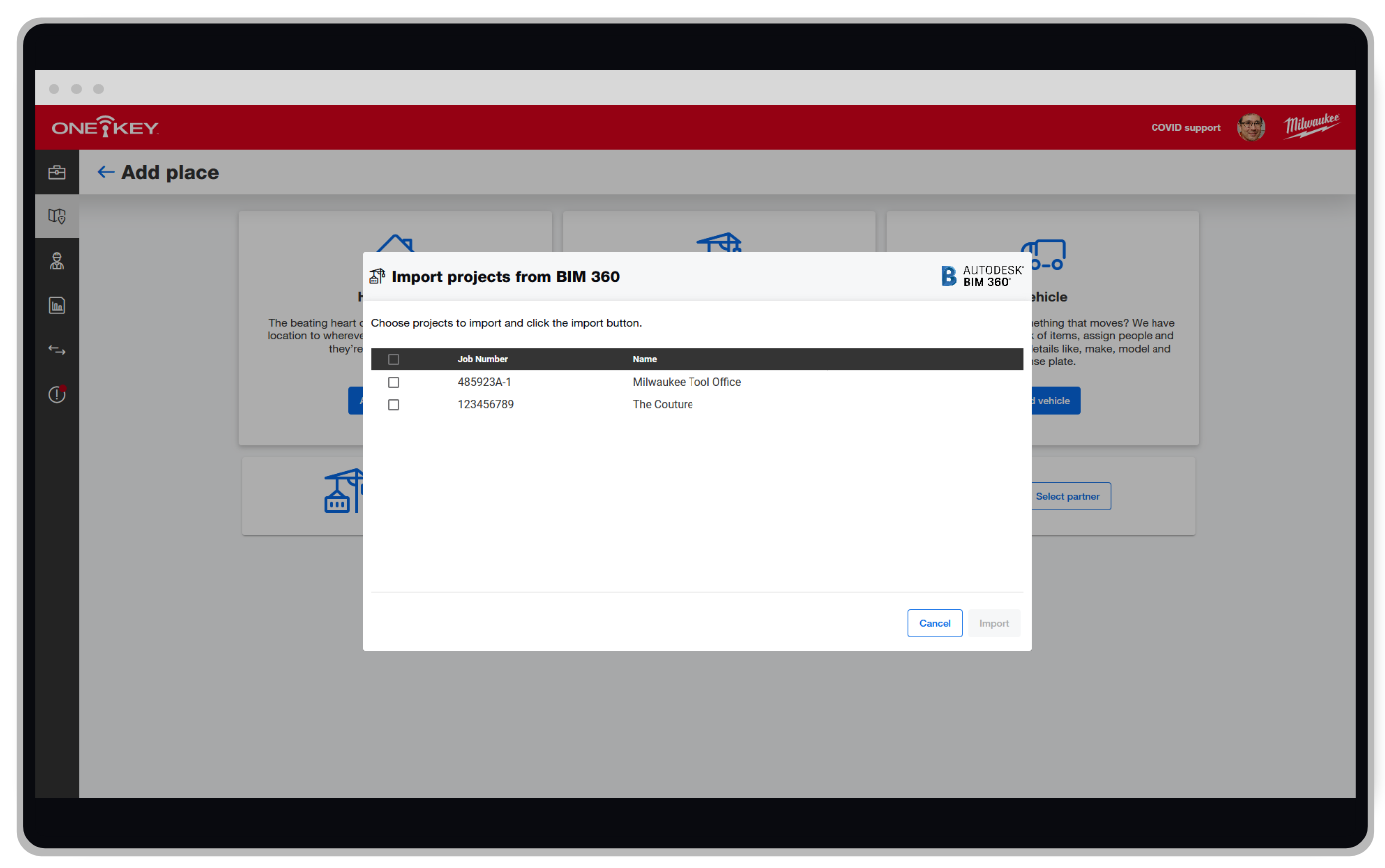 Screenshot of One-Key integration with BIM 360