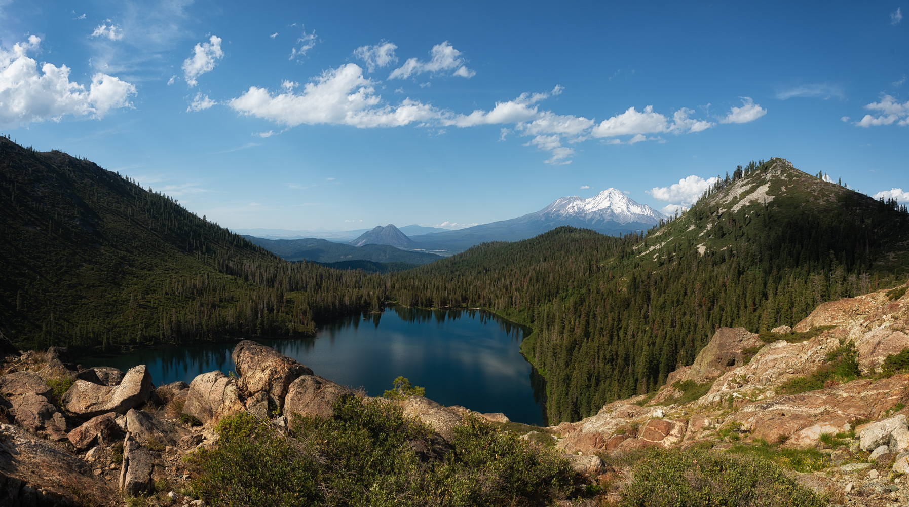 What a view: inside the Castle Crags Wilderness overloking Castle Lake towards Mt. Shasta and Black Butte.
