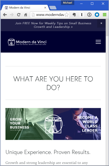 Mobile-optimized version of Modern da Vinci. Notice the thumb-sized menu button in the upper right corner, and the single column of text for easy scrolling on a mobile phone.