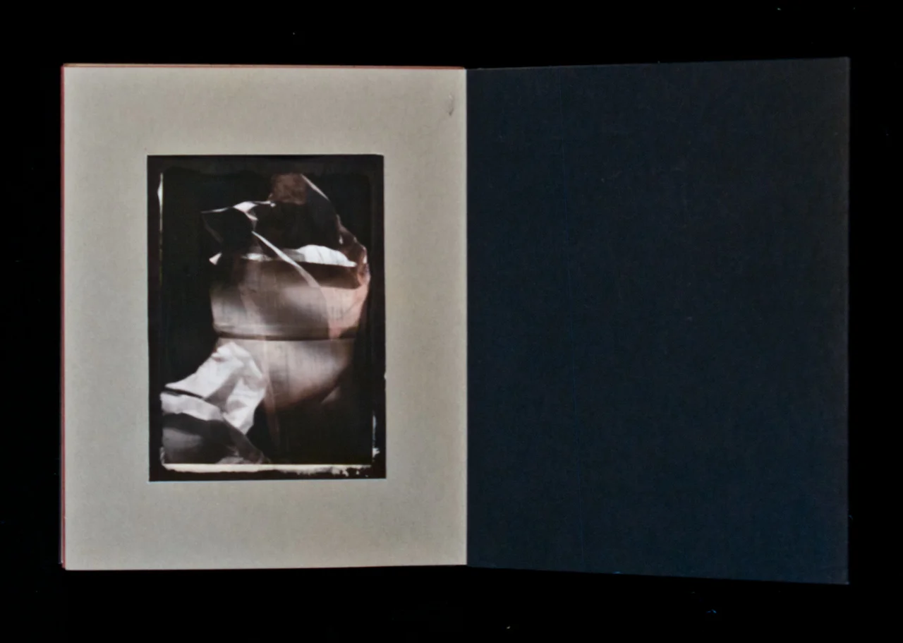   "Beauty of Black" , My Garbage series  last page - DETAIL  Accordion book, including four inkjet prints hand stenciled with opaque white substrate on black paper 