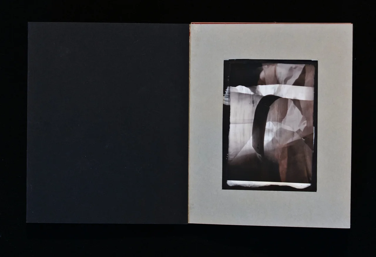  "Beauty of Black" , My Garbage series  page 1 and 2 Detail  Accordion book, including four inkjet prints hand stenciled with opaque white substrate on black paper 