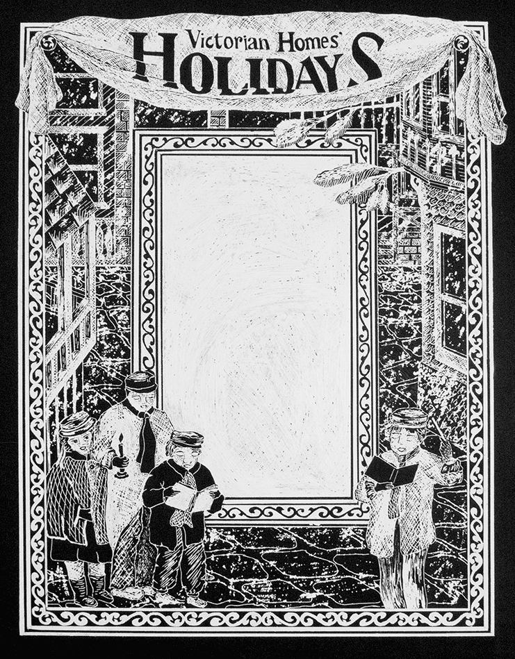   Victorian Homes Holiday Cover   Black scratchboard drawing 