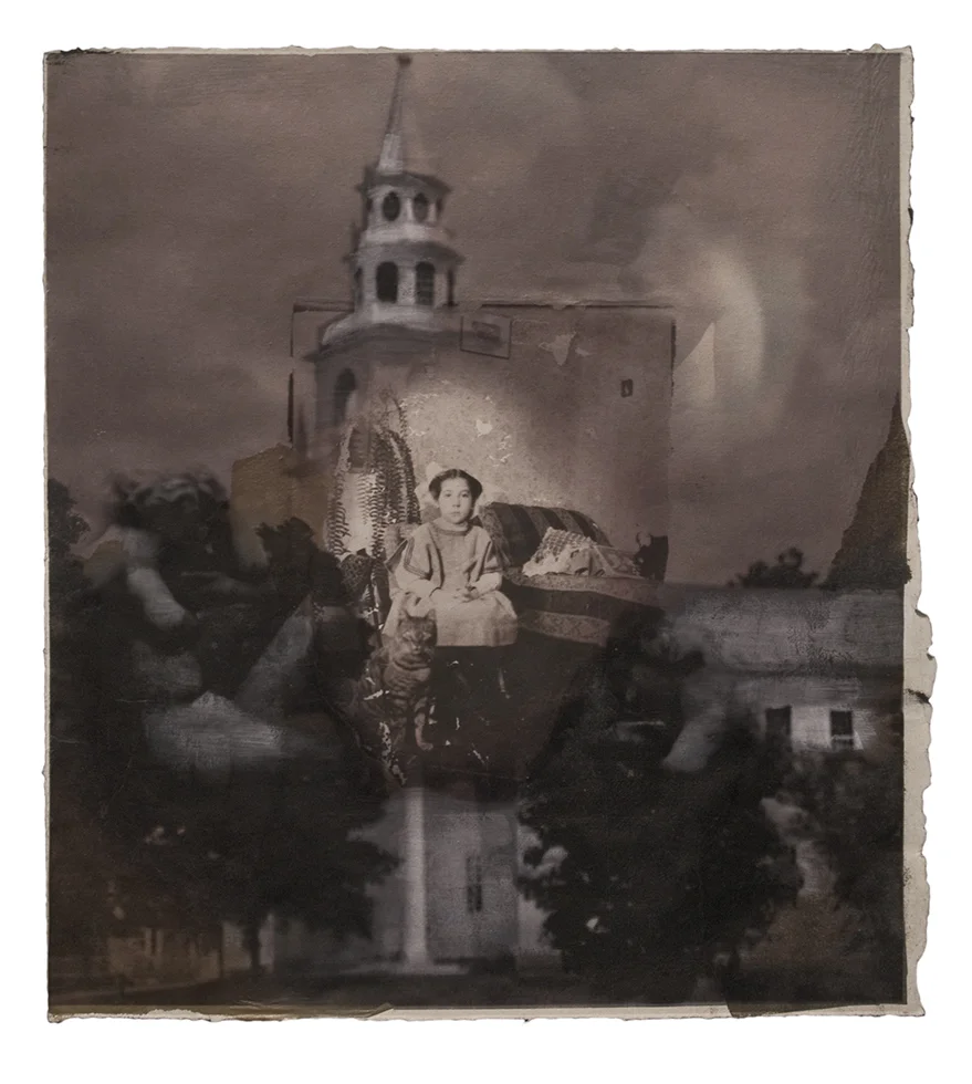 “Dreamer" 12 ¼” x 13 ⅝" Wet plate acrylic transfer over coated with several inkjet passes on top of colleges paper elements