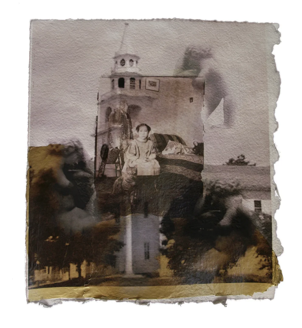 “Twlight" 12 ¼” x 13 ⅝" Wet plate acrylic transfer over coated with several inkjet passes on top of colleges paper elements