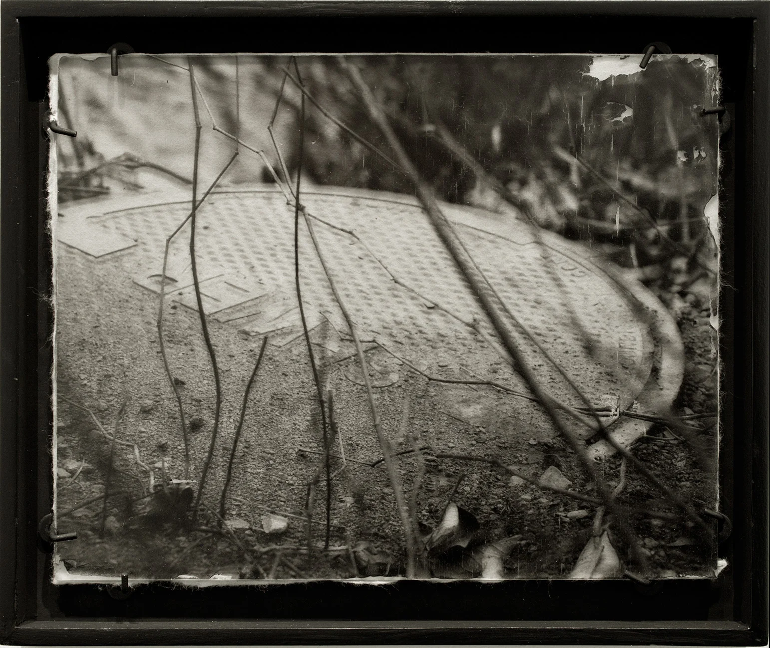 "Vintage II" 9 ¾" X 8 ¼" Wet plate, digital, film transfer on clear glass, backed with handmade Lakota paper and clear acrylic. Hand polished topcoat of several layers of wax. size includes frame