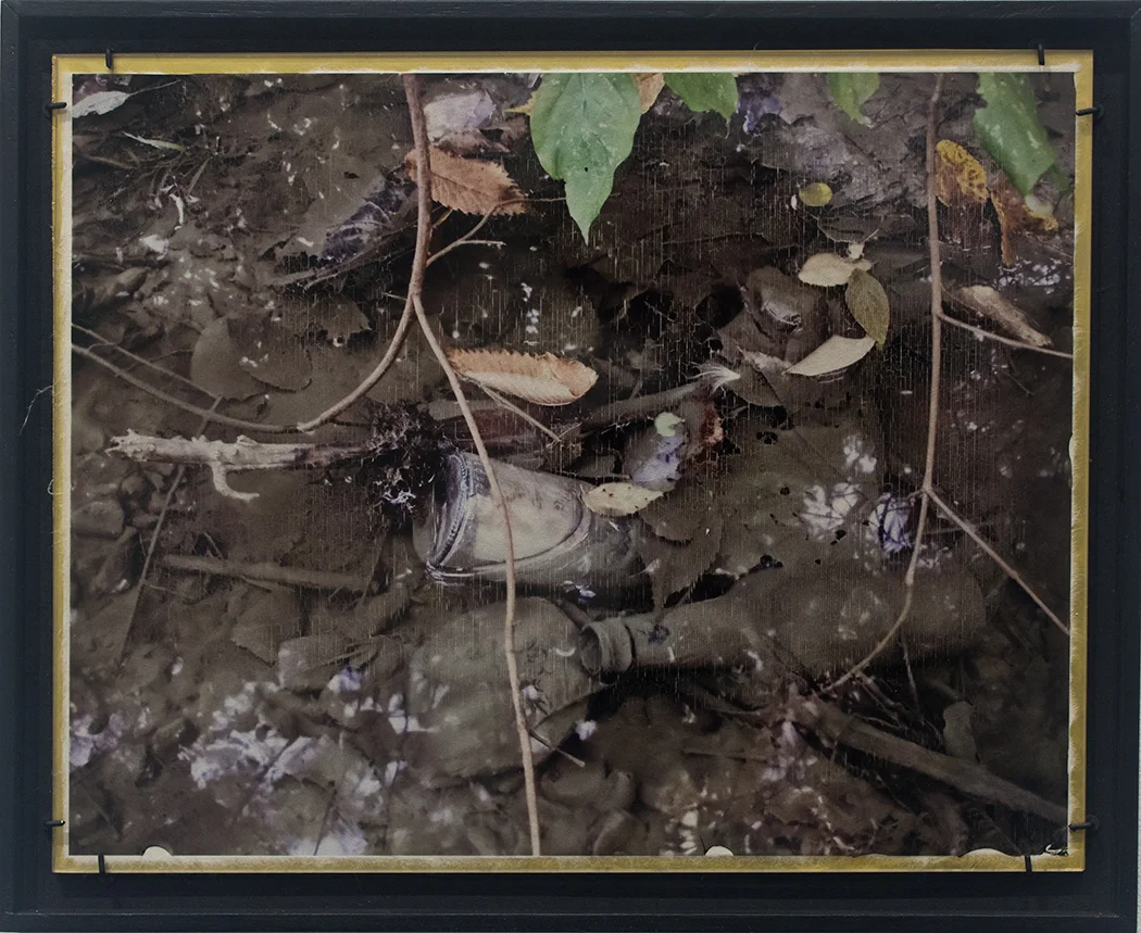 “Setback #1" 12 ½" X 15 ½" Wet plate, digital, film transfer on clear glass, backed with handmade Lakota paper and hand painted, metallic, gold acrylic size includes frame