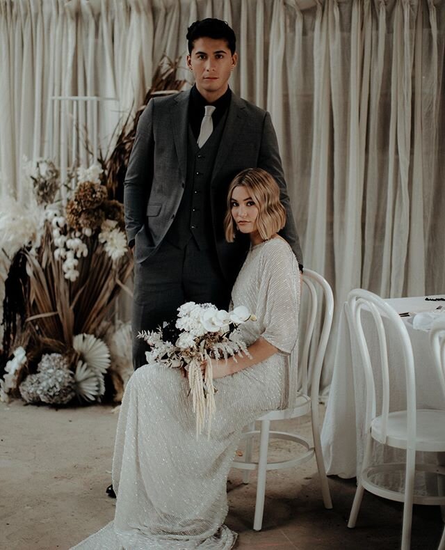 Can&rsquo;t get enough of these two and this set up. Major dreams. With the best team: &nbsp;Styling: @wild_hearts | Flora &amp; Styling: @floralstylist | Gowns by @brooketysonritual | Earrings @kamiandkindred | Makeup: @beautybyblairgamblin | Hair: 