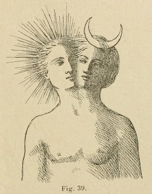A rebis, or alchemical hermaphrodite, representing the blissful "perception of love" (Hermes - perception, Aphrodite - love) level of awareness that comes gradually from doing The Great Work - aka, also Tiphareth / Beauty