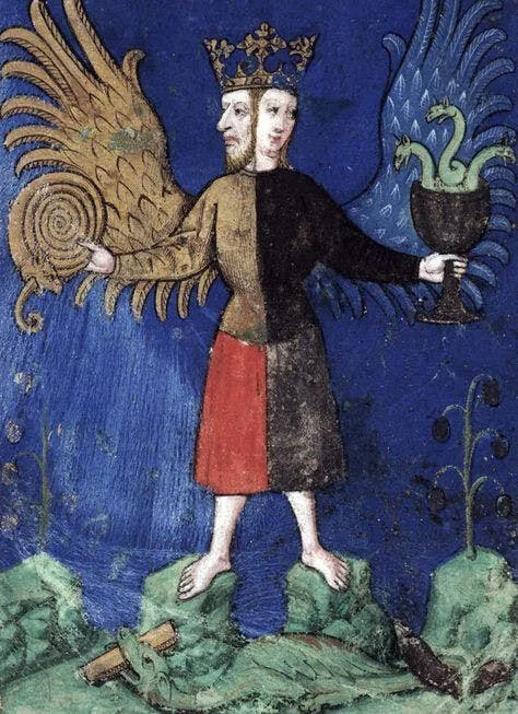 the Hermaphrodite, the Union of Logos and Eros, Perception and Love, Hermes and Aphrodite an alchemical image of the wholeness that the soul evolves into as we surrender our ego control from Bodleian MS. Ashmole, 1504 East Anglia