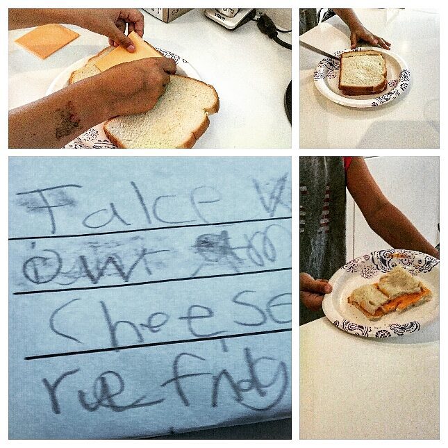 It was so much fun to work with one of my 3rd graders on writing a How To Book. He is really good at making cheese sandwiches, so we decided to document his recipe.

We took pictures of each step from taking out the bread to cutting the crust, and ta