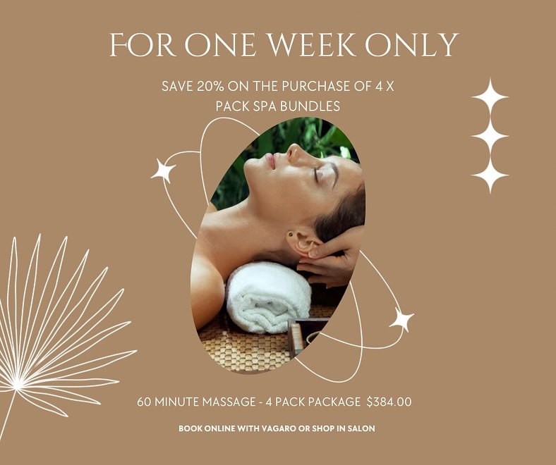 Indulge in self-care and save while you do it. ✨

Our curated spa bundles are 20% off for one week only &mdash; the perfect moment to treat yourself or someone you love.

Shop in-salon, book online through Vagaro, or call us at 250-814-2508 to reserv