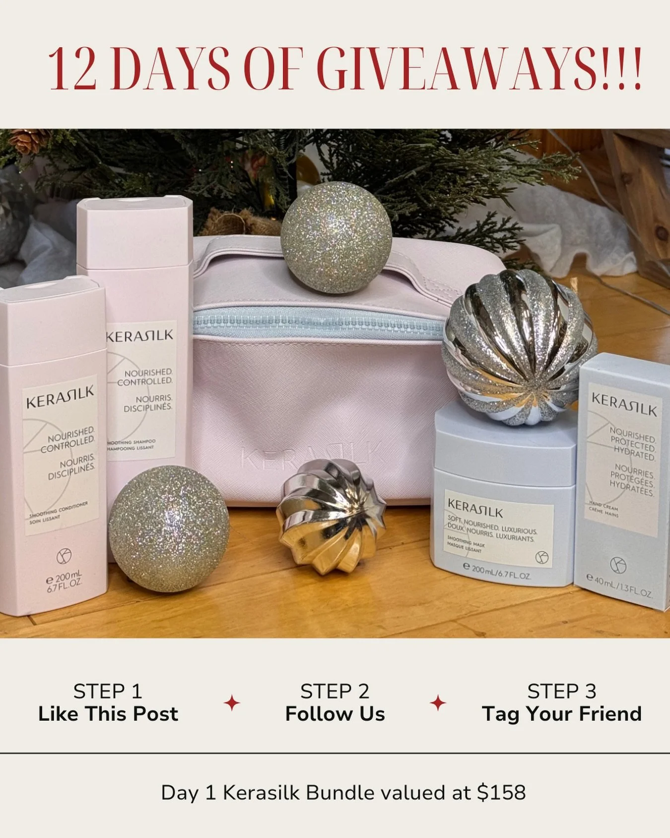 DAY 1 of our 12 Days of Giveaways starts now!

We&rsquo;re kicking things off with a Kerasilk Smoothing set to keep your hair soft, hydrated, and frizz-free all winter long ❄️

Today&rsquo;s Prize:

⭐️ Kerasilk Smoothing Shampoo
⭐️ Kerasilk Smoothing