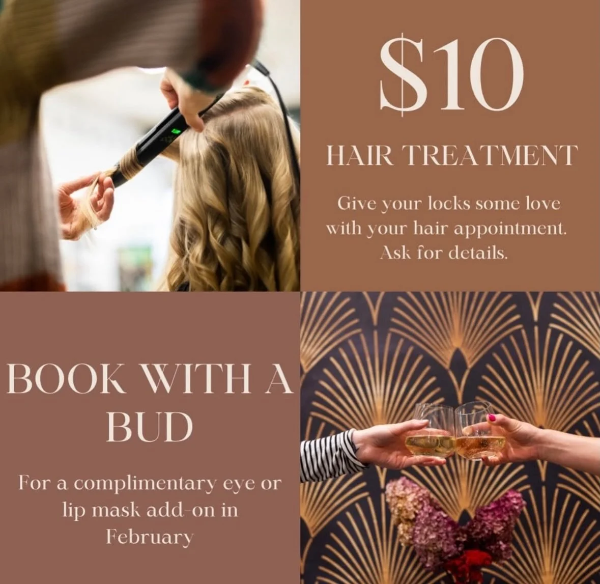 Good hair is better with a friend 💛

This February add on a $10 hair treatment to your appointment and treat your locks right ✨

PLUS book with a friend and get a free eye or lip mask add-on 💆&zwj;♀️