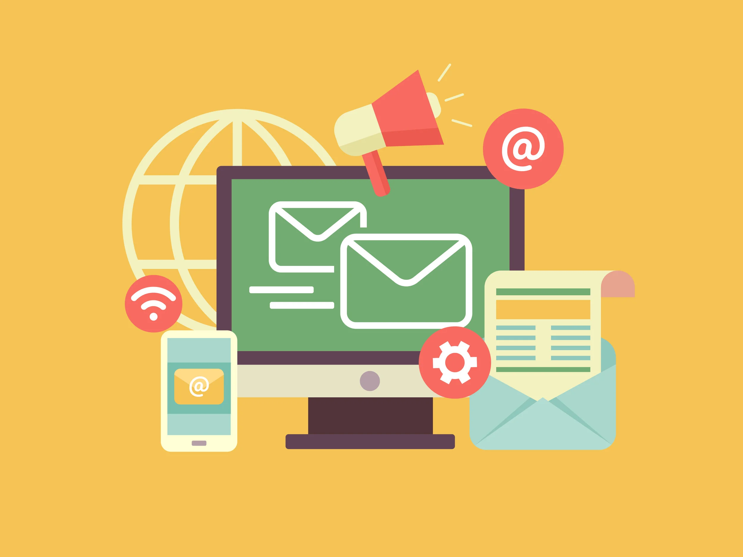 Email marketing. Propagation and sharing, promotion and support, optimization and megaphone. Flat vector illustration