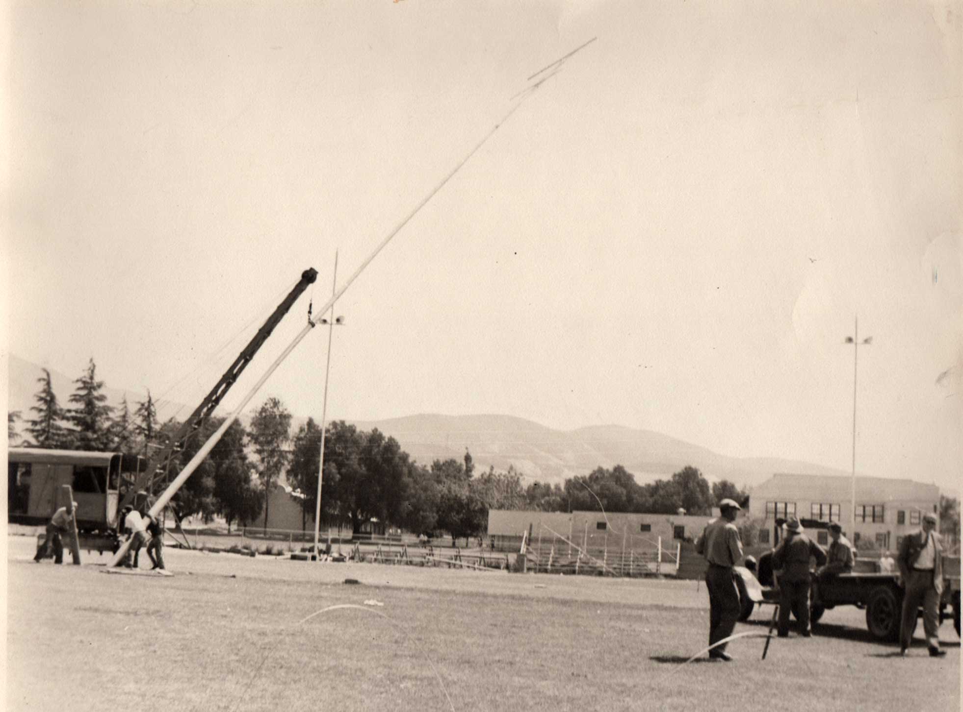 Photo circa 1941. Fillmore High football field receives lights for the first time.