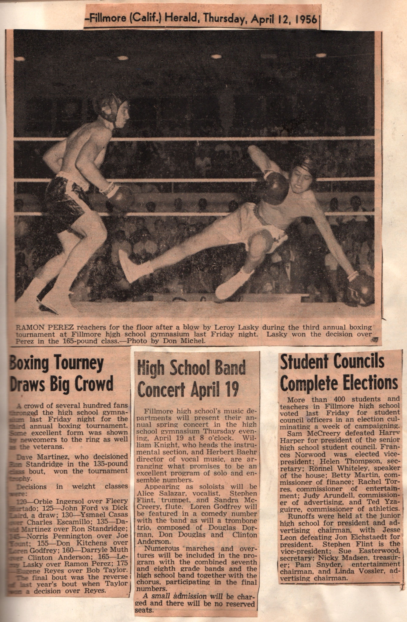 From a 1956 Fillmore Herald Newspaper clipping. A boxing match held in the Fillmore High gym.