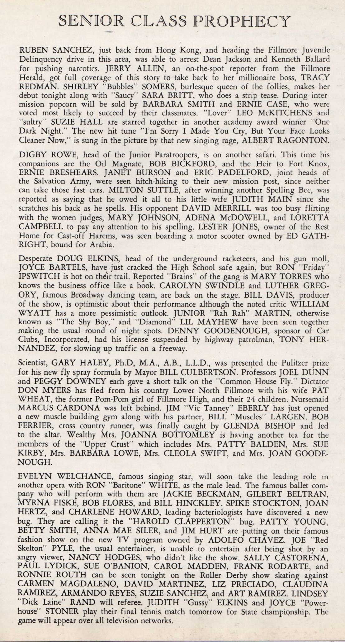 From the 1956 yearbook. Senior Class Prophecy.