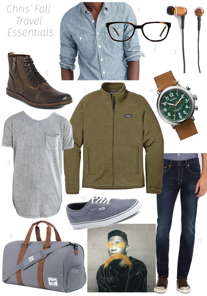  1.  S  hirt   2.  S  pecs   3.  Earbuds  4.  Earbuds   5.  J  acket   6.  Boots   7.  T  ee   8.  Duffle   9.  A  lbum   10.  Sneakers  11.  Jeans  