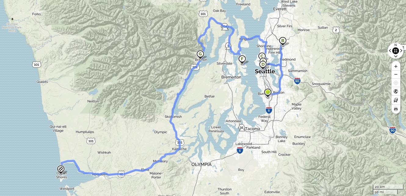   A. Seattle Tacoma International Airport B. Woodinville, WA C. Rockcreek Seafood & Spirits D. Pike Place Market E. Seattle Ferry Service F. Bainbridge Island G. Rocky Brook Falls H. Ocean Shores, WA  