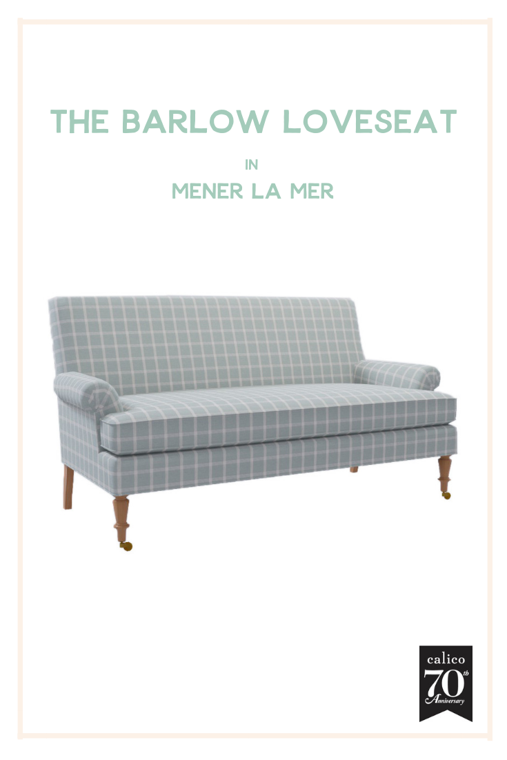 Bedroom, living room, office, entryway and beyond - the possibilities are endless with the Barlow Loveseat. But what I think makes this piece so special is the super cozy and cool seafoam/aqua Mener la Mer check fabric that could fit right into almost any design style, and stand out in the best way. A furniture dream come true!