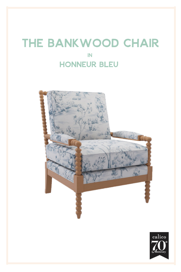   If I were a furniture frame, I’m pretty sure I’d be the Bankwood Chair! This spindle style has so much personality, and paired with the fun, lively blue toile of the Honneur Bleu fabric it becomes one of those special, unforgettable pieces that stands out and blends in wherever it sits. Enter, the living room piece of my dreams!  
