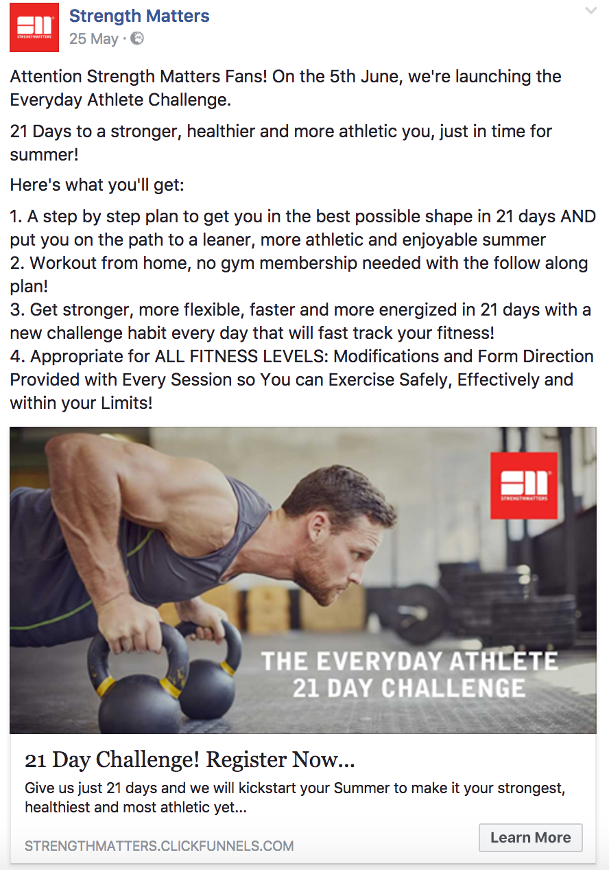 Strength Matter email and Facebook Ad Copy Promoting the Challenge