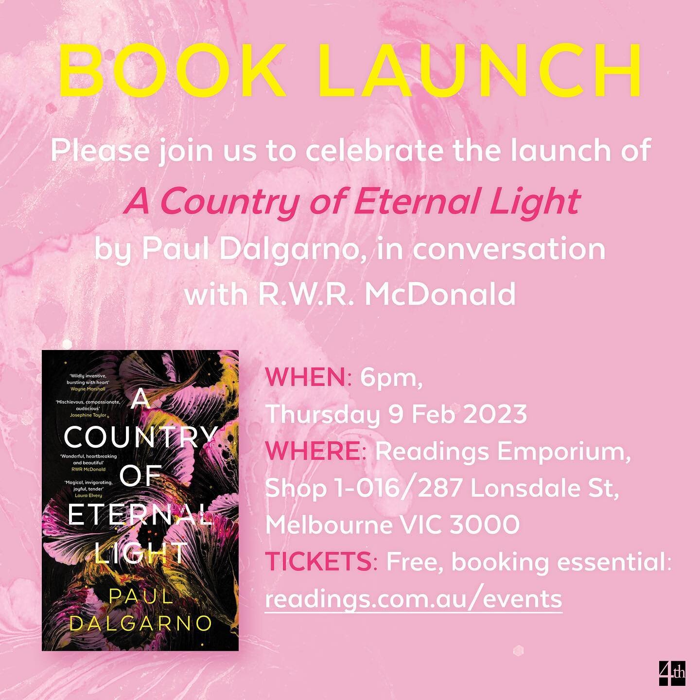 So &hellip; I&rsquo;ll be launching my novel, A Country of Eternal Light, on Thurs 9 February at the Readings Emporium in Melbourne, with none other than RWR McDonald.

I&rsquo;d love it if you could come along, and bring any friends or family who mi