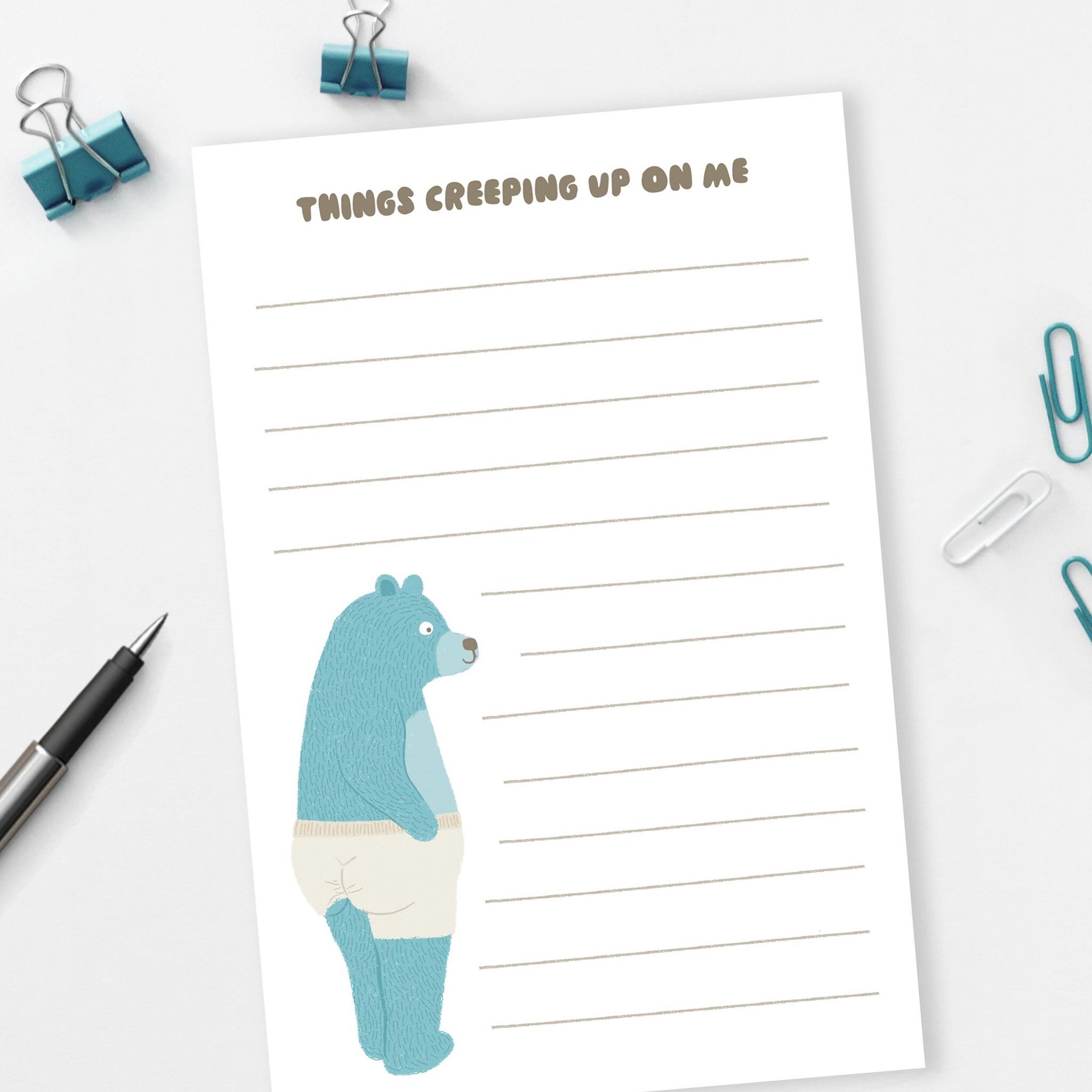 The little bear with a creeper has a new home on a notepad. I&rsquo;ll never not laugh at a cute little butt cheek. 🍑

#notepads #buttcheeks🍑 #bearbutt #cheekybear #todolist #listpad #stationery #papershop