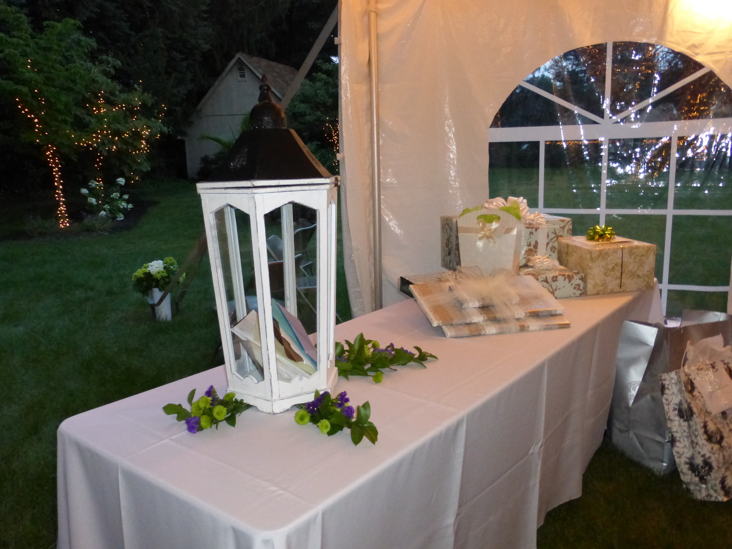 White wedding tent with cathedral window sidewall