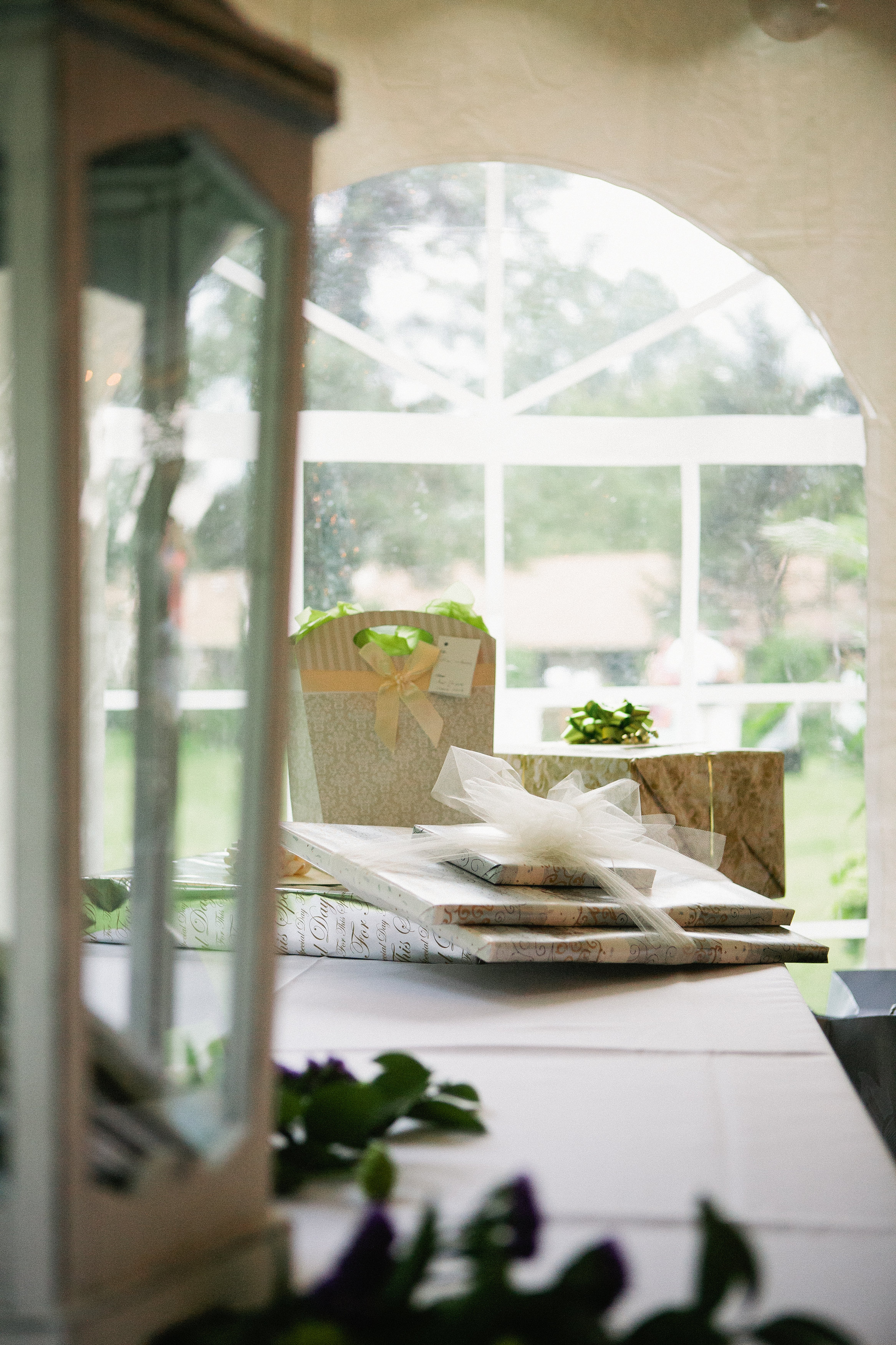 White wedding tent with cathedral window sidewall