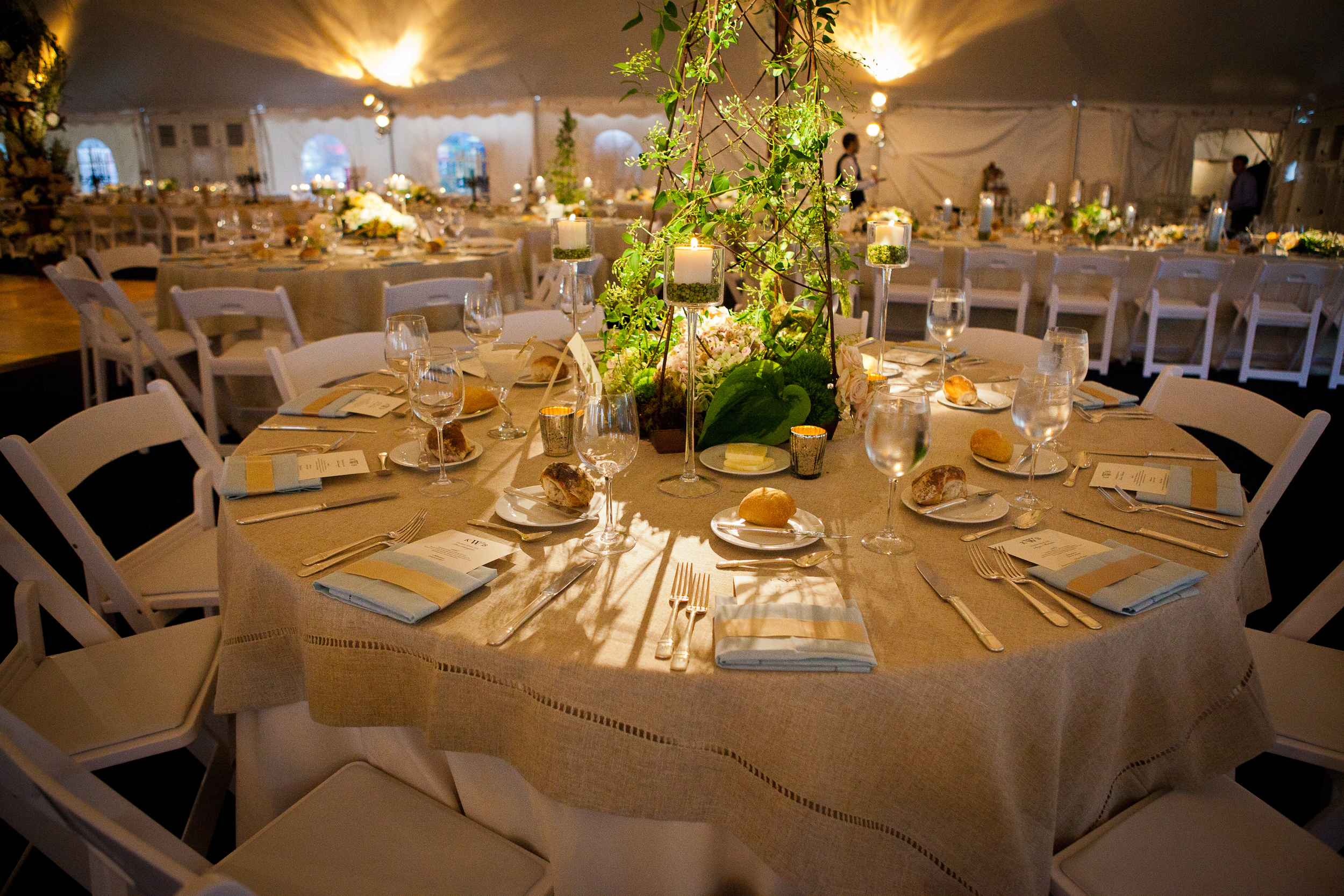 Wedding, round table and padded garden chairs