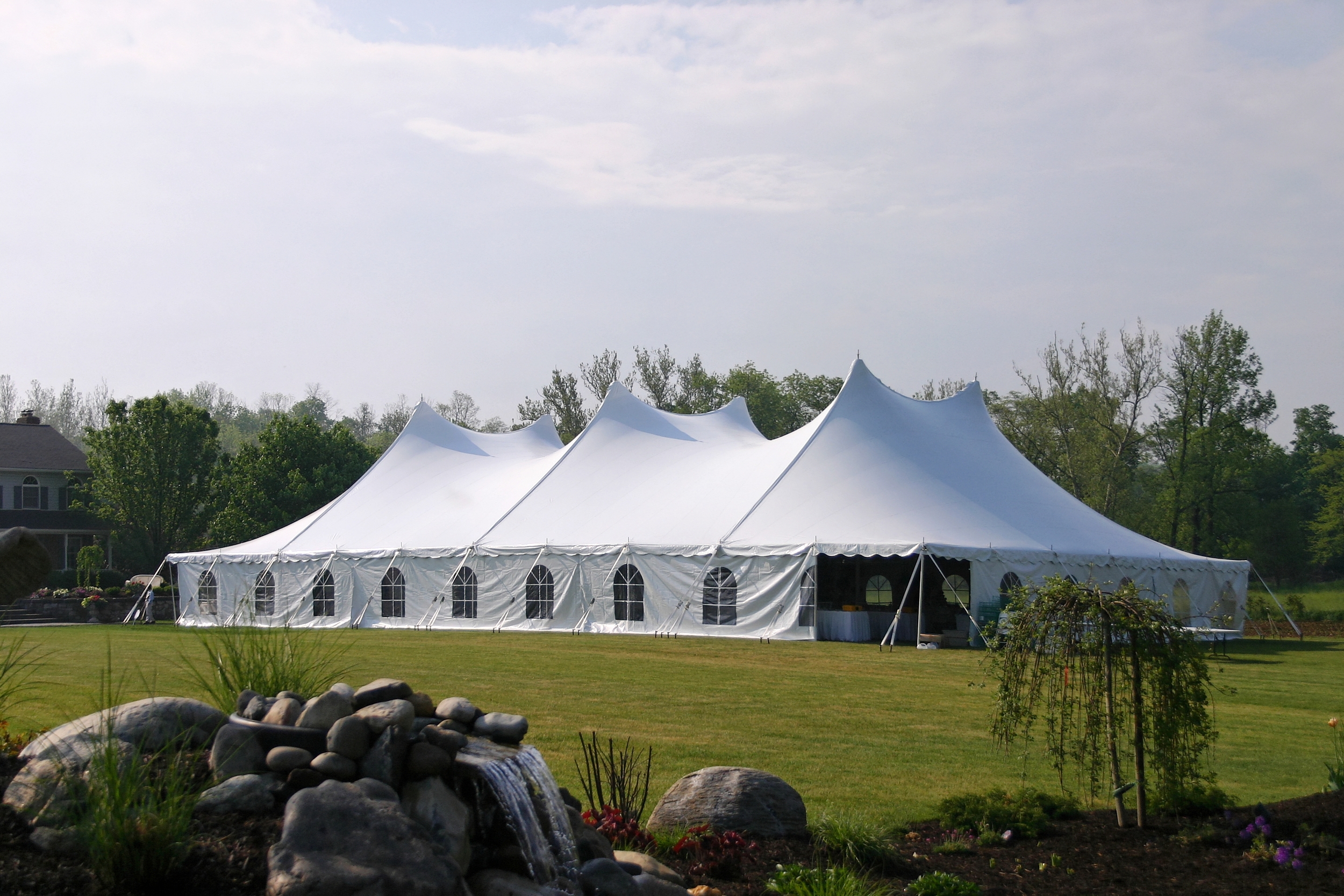 Large white tent for rent with cathedral window sidewalls for rent in Hummelstown, PA