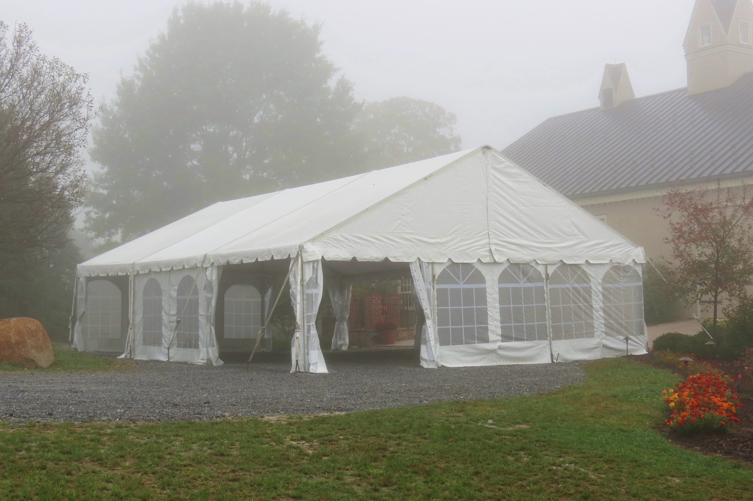 30x45 white frame tent with kedered cathedral window sidewalls