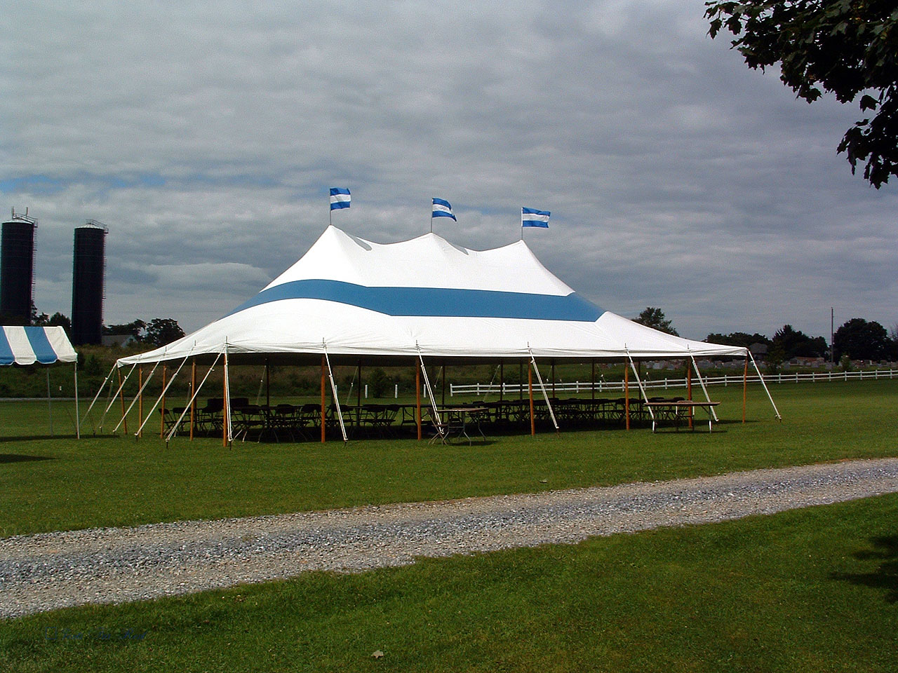 30x50 blue and white tent with no sidewalls