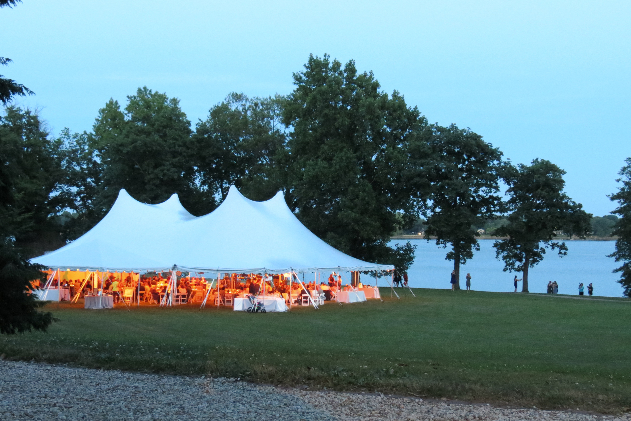 Amber lights give the tent a warm glow